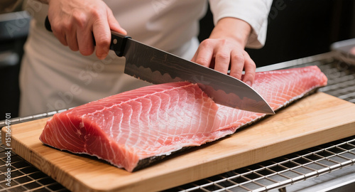 A chef specially cut a piece of bluefin tuna on a wooden cutting board