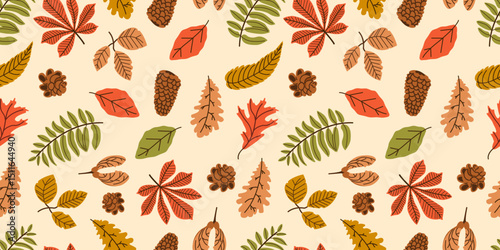 Seamless pattern of autumn leaves in bright colors. Vector trendy illustration. Maple, oak and rowan leaf, snail, fir cone, background for fabric, wallpaper or gift wrapping print.