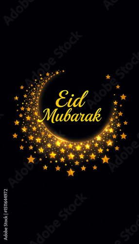 Sparkling Eid Mubarak Crescent Moon and Stars