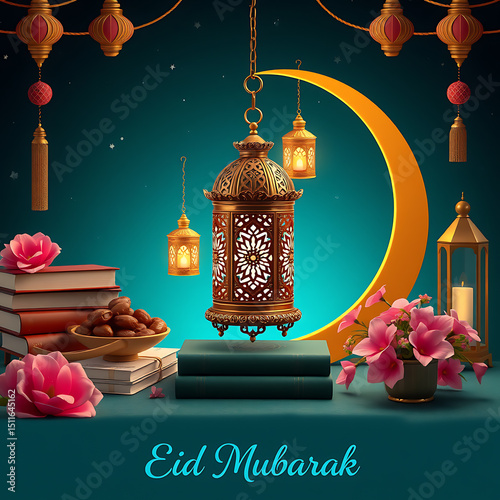 Eid Mubarak Lanterns, Crescent Moon, and Books