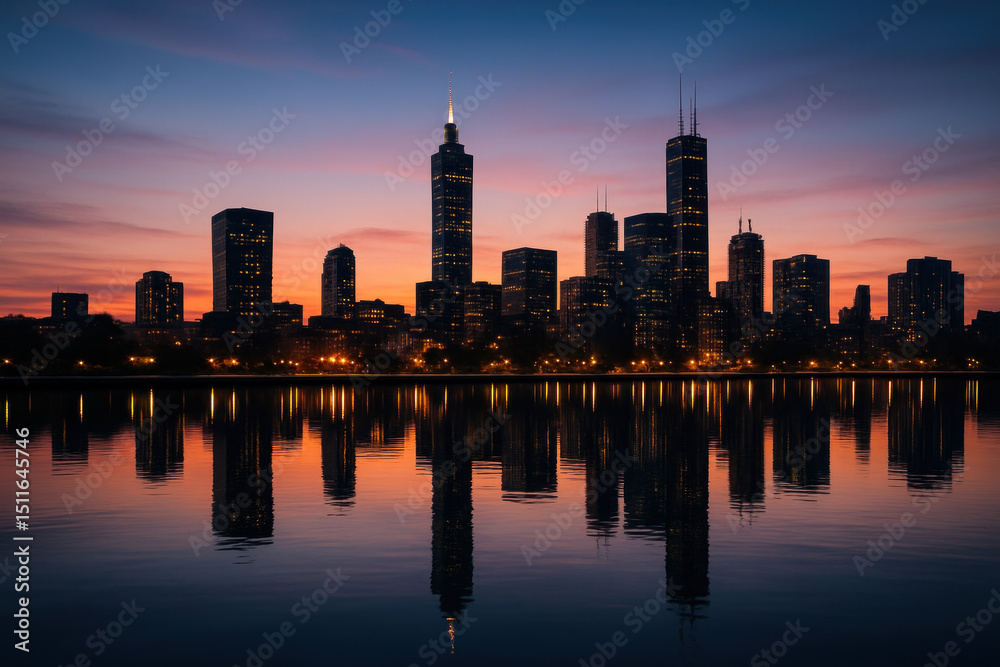 Obraz premium Chicago skyline at sunset: silhouettes of tall buildings against a colorful sky with the sun setting in the background.