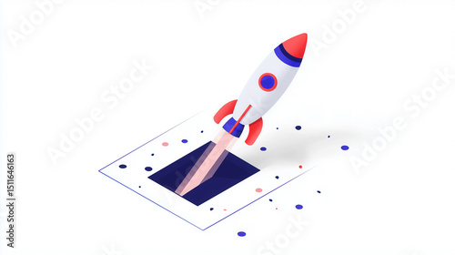 3D rocket launching from smartphone screen on white