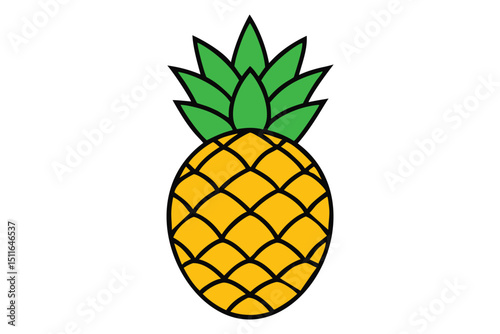 Bright cartoon vector illustration of a pineapple with green leaves and yellow rind.