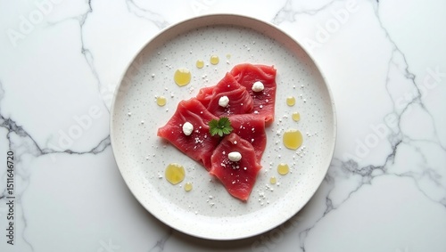Elegant tuna carpaccio served on a ceramic plate with olive oil drops and cream dollops, presented on a white marble background for a clean, modern look.