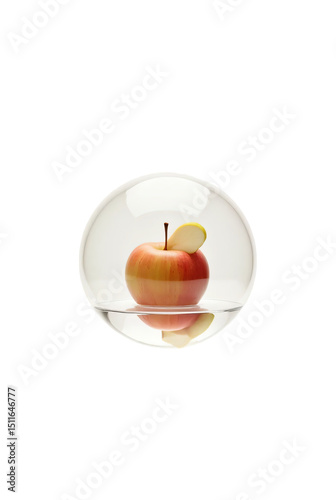 3d water molecule with an apple and slices inside, representing purity and freshness. Suitable for beverage, skincare, health, and packaging