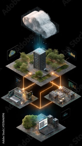 concept of network computer solutions, cloud data storage system, IT solution for innovative networks and data transmission