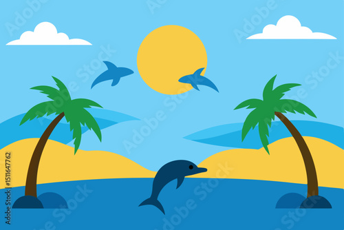 tropical beach with palm trees and sun