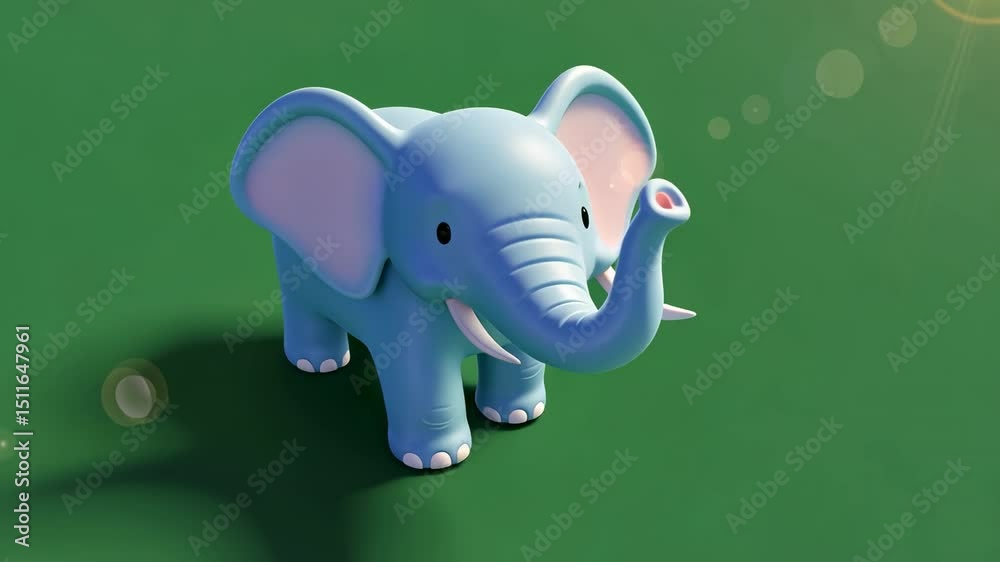 Cartoonish blue elephant stands on green ground