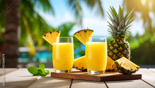 2 cups of pineapple juice on a wooden table with a cool beach in the background. Fresh fruit juice.