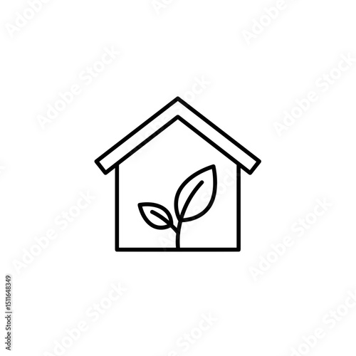 Simple line art of a house with leaves representing eco lifestyle  