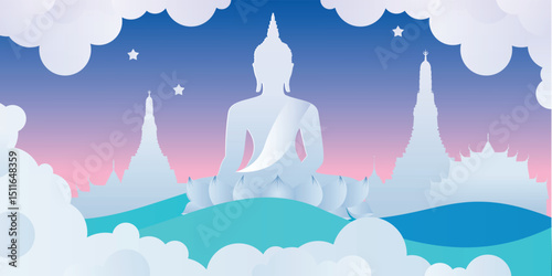 Buddha statue meditating on a lotus paper art vector illustration background - Buddhism Magha Puja, Asanha Puja, Vesak Puja Day, Thailand culture