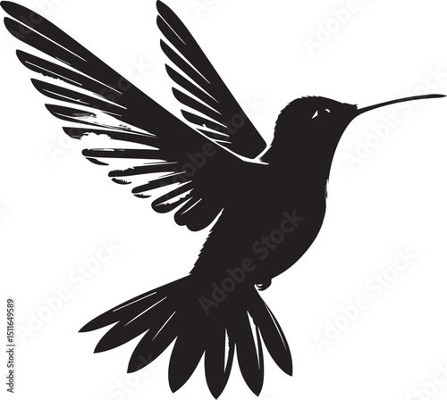 A black silhouette of a hummingbird in flight with its wings spread and beak pointing forward