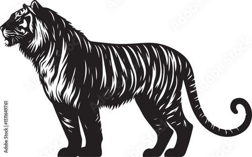 A striking black and white illustration of a tiger standing, showcasing its majestic stripes and form silhouette