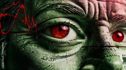 Close-up macro image of a US dollar bill with Benjamin Franklin’s eye, overlaid with volatile red and green trading chart, glowing digital interface elements, high-contrast,Generative Ai
