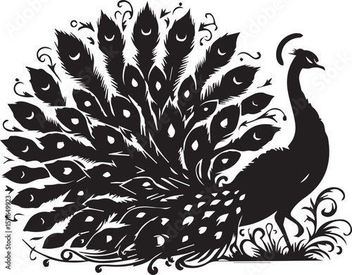 A silhouette of a peacock with its tail feathers fully displayed in an intricate design pattern art