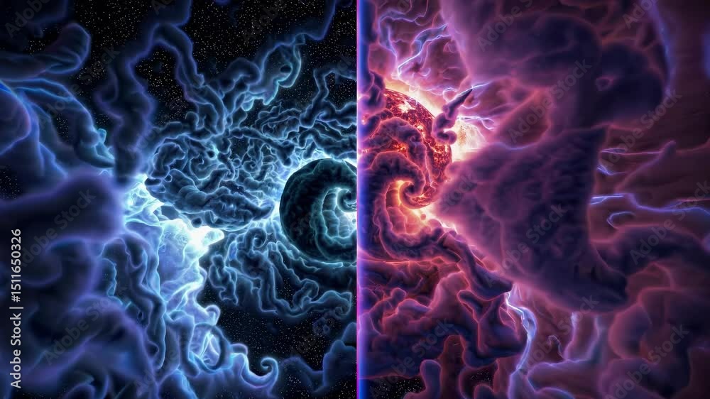 Dual-colored nebula splits in space. Energy flows from both sides of nebula. Universe filled with swirling nebula light. Energy pulses in cosmic nebula. Universe powered by deep space energy field.