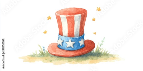Watercolor illustration of hat in american flag colors, usa independence day 4th july