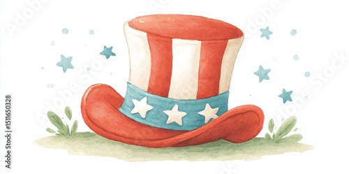 Watercolor illustration of hat in american flag colors, usa independence day 4th july