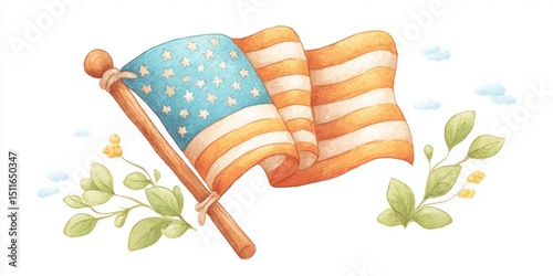 Watercolor illustration of american flag and flowers, usa independence day 4th of july