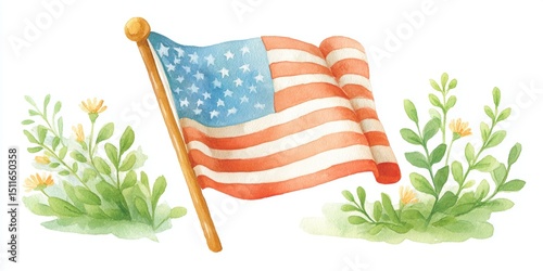 Watercolor illustration of american flag and flowers, usa independence day 4th of july