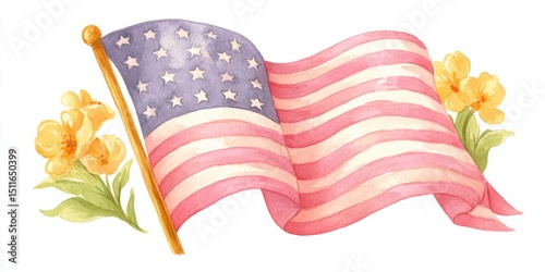Watercolor illustration of american flag and flowers, usa independence day 4th of july