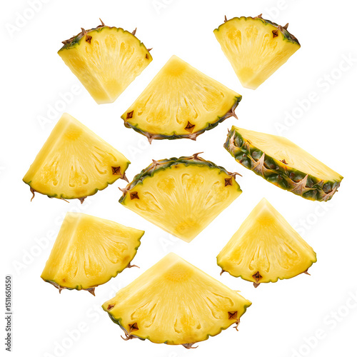 Pineapple pieces falling isolated on white or transparent background. PNG, slices of pineapple