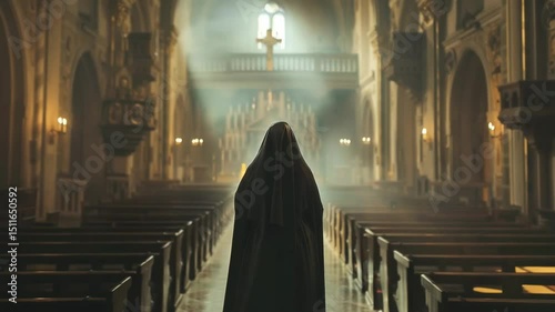 A nun in a dark habit walks down a church aisle, sunlight streaming from a stained-glass window.