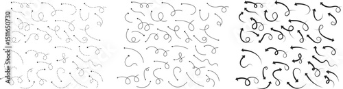 Arrow icon set. Hand drawn black dotted line doodle arrow, curve arrow vector collection. Sketch curved dashed arrows design isolated on transparent background. Direction shape for web and app.