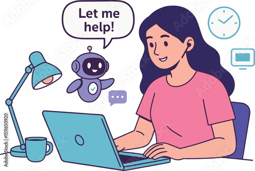 AI Assistant Vector Illustration. Woman using Laptop with Robot Assistant.