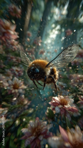 bee flying with transparent wings against the background of flowers close-up
