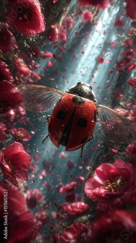 ladybug flying with transparent wings against the background of flowers close-up