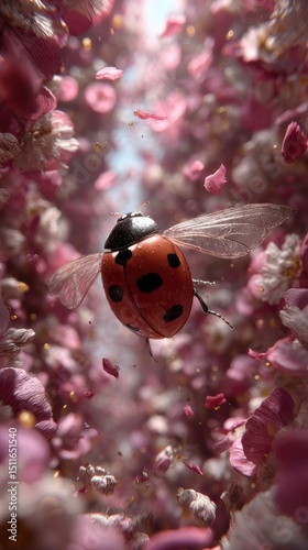 ladybug flying with transparent wings against the background of flowers close-up