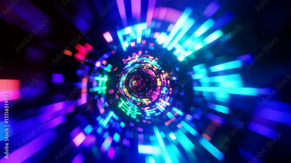 Abstract hyperspace tunnel with colorful neon light trails speeding through