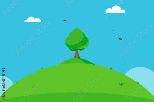 a lush green hilltop with a lone tree  blue sky 