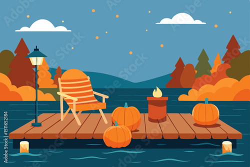 autumn lake dock with pumpkins  lanterns  
