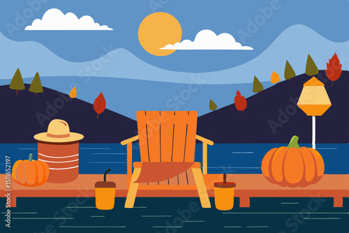 autumn lake dock with pumpkins  lanterns  and cozy.svg