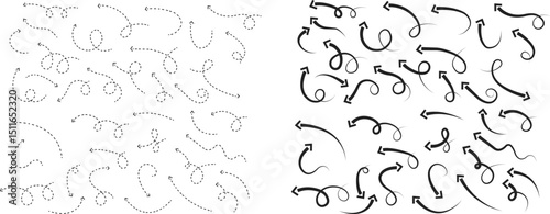 Arrow icon set. Hand drawn black dotted line doodle arrow, curve arrow vector collection. Sketch curved dashed arrows design isolated on transparent background. Direction shape for web and app.