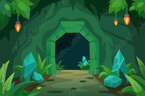 cartoon cave entrance in the jungle with vines  