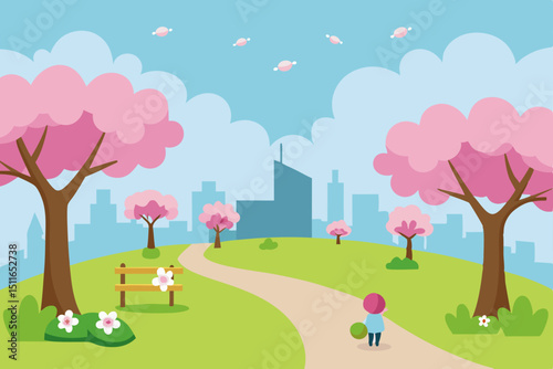 cartoon city park in spring with cherry blossoms 