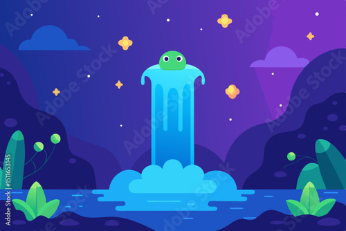 cartoon enchanted waterfall with floating leaves