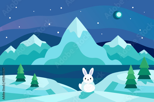 cartoon icy tundra with snow hares  aurora lights