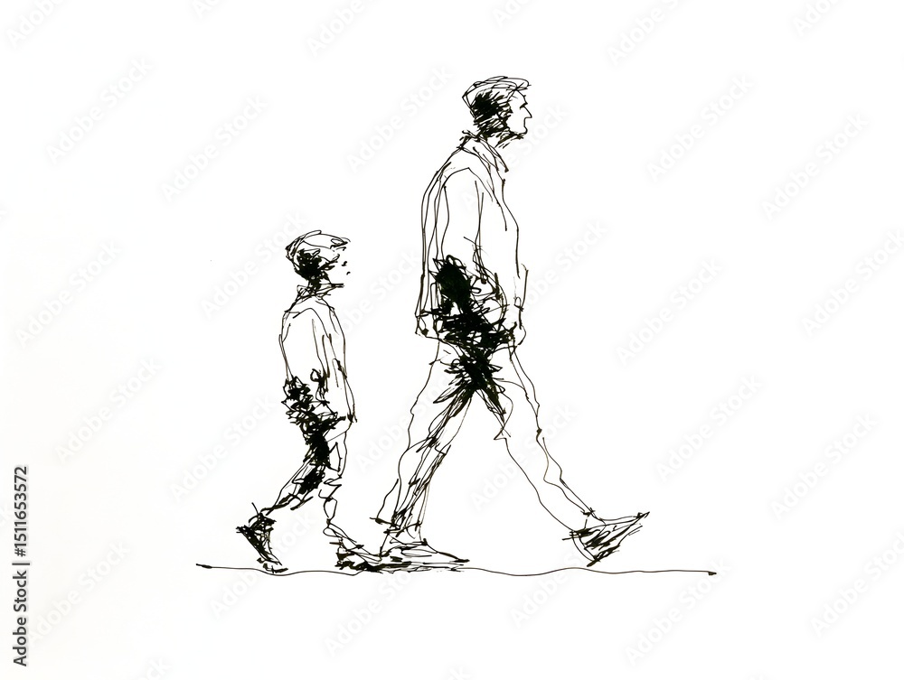 Naklejka premium A simple line drawing depicts a father and son walking together side by side enjoying a casual stroll.