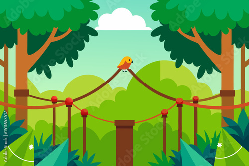 cartoon jungle canopy rope bridge connecting treeh