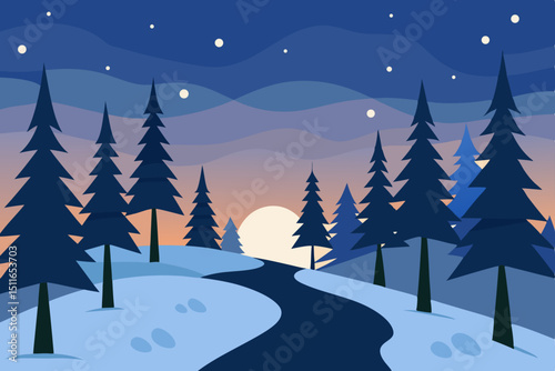cartoon northern forest with snow dusted pines  