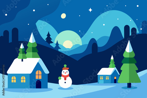 cartoon northern village with snowmen  aurora skie.svg