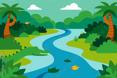 cartoon rainforest river with crocodiles  birds  