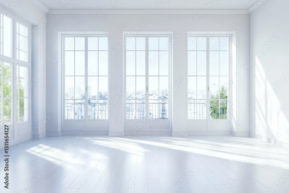 Fototapeta premium Chic white decor seamlessly integrated with outdoor balcony views.