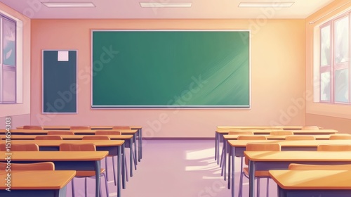 Empty school classroom and green chalkboard with empty space. Cartoon or Japanese anime watercolor painting illustration style.
