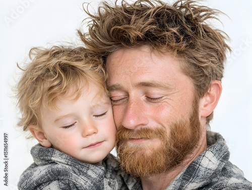 A loving father gently holds his sleeping toddler son close, creating a heartwarming image of paternal affection and family bond.
