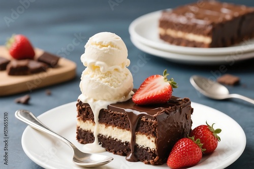 Vanilla ice cream with chocolate brownie cake with strawberry